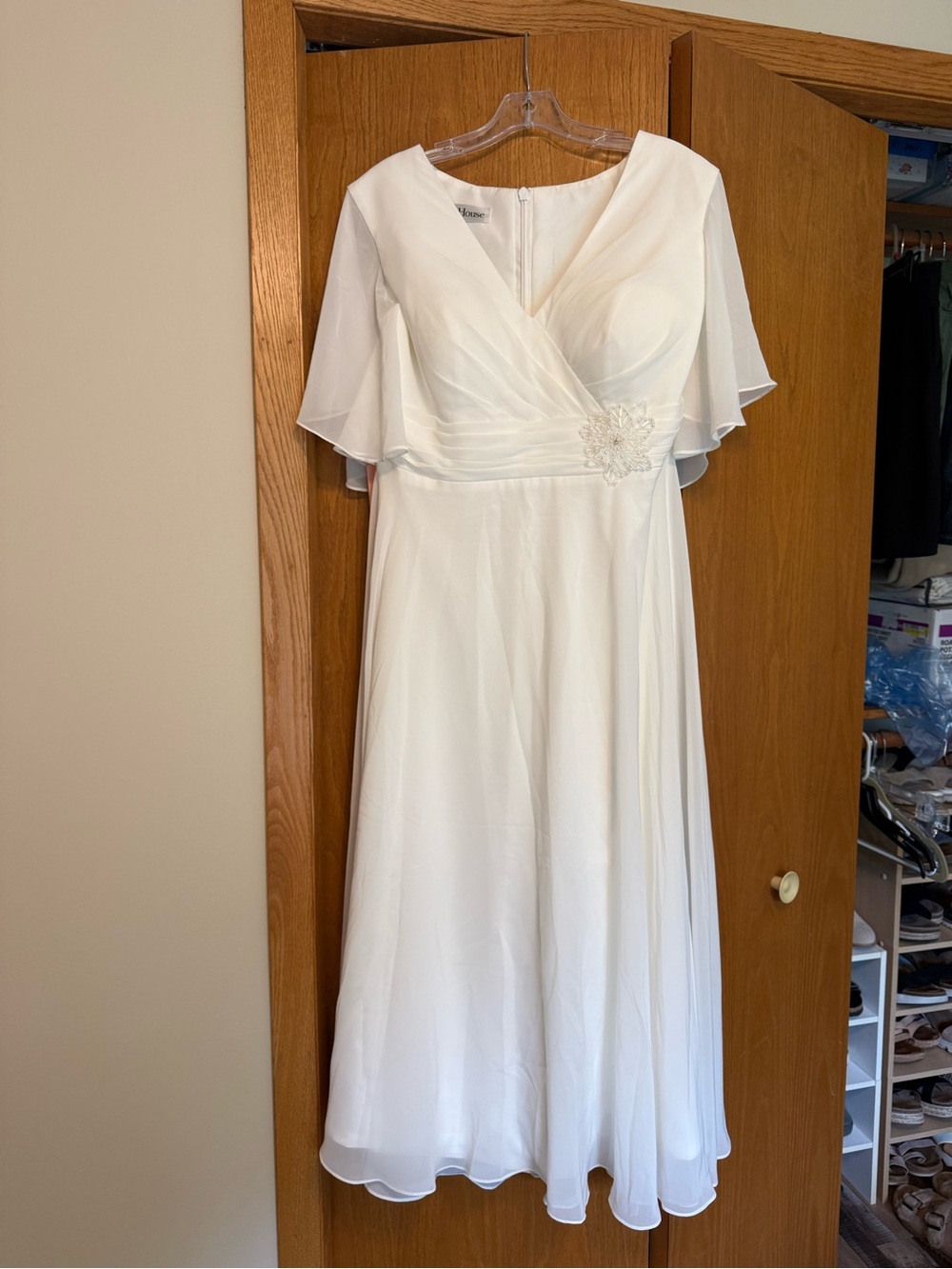 JJs House Ivory Chiffon Midi Dress with Embellished Waist